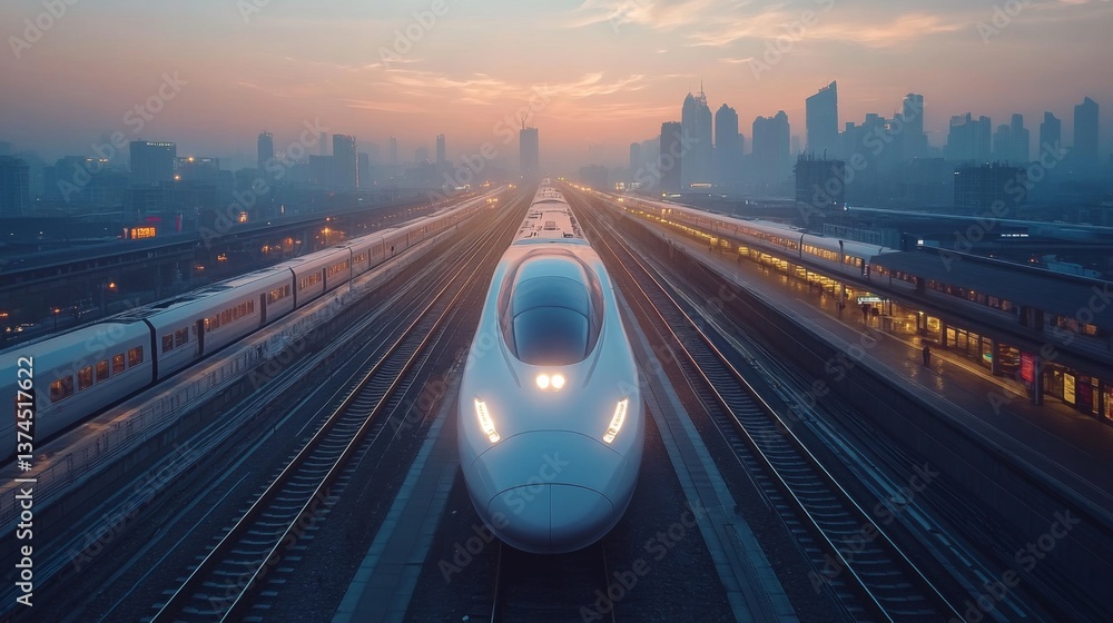 Poster high speed maglev train is moving along a rail line in an urban environment during dusk, showcasing 