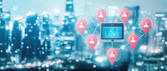 Futuristic city skyline with glowing digital interface for business insights urban environment aerial view