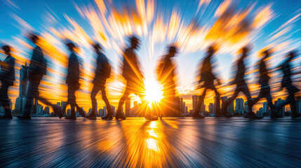 Obraz premium Motion blur silhouettes of pedestrians walking at sunset against urban skyline. Radial golden sunburst through city buildings creates dynamic movement effect. Blue orange cityscape with professionals