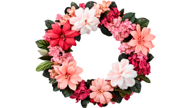 Flower wreath arrangement with blossoms on black background, cut out transparent