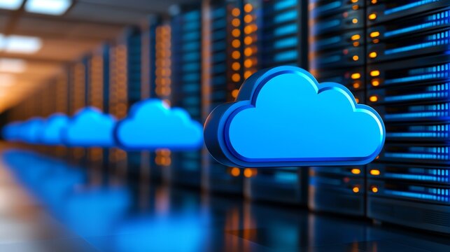A vibrant illustration of cloud computing, featuring blue cloud icons and rows of servers. This represents modern technology, data storage, and the evolution of digital services.