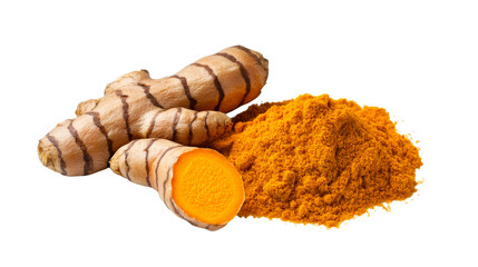 Turmeric rhizomes and powder, vibrant, herbal, aromatic spice , cut out transparent