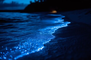Waves gently rolling in, illuminated by glowing bioluminescent plankton, creating a magical scene on a tropical beach at night