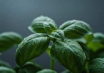 Close-up of fresh basil leaves with water droplets &ndash; organic herb plant on soft background