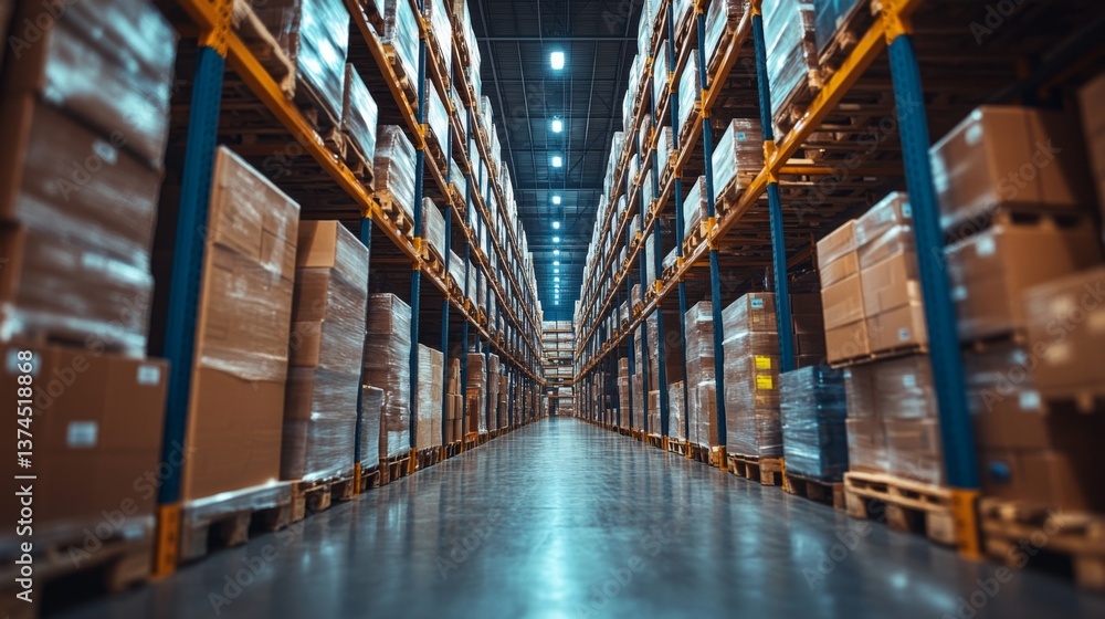 Poster an expansive warehouse featuring well organized shelves filled with boxes and pallets. bright overhe