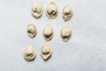Overhead view of raw homemade wontons on a white countertop, top view of chicken dumplings on white background, process of making dumplings	