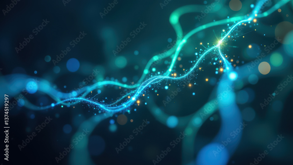 Poster a visually striking image featuring an abstract depiction of a glp-1 molecule with glowing blue and 