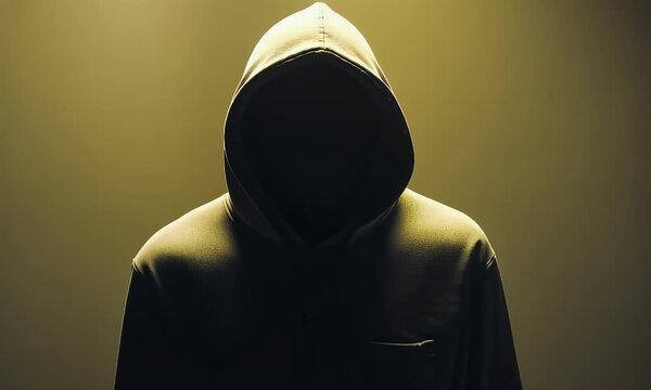 A hooded figure with a shadowed face is illuminated, creating an atmosphere of mystery and anonymity in a dim setting
