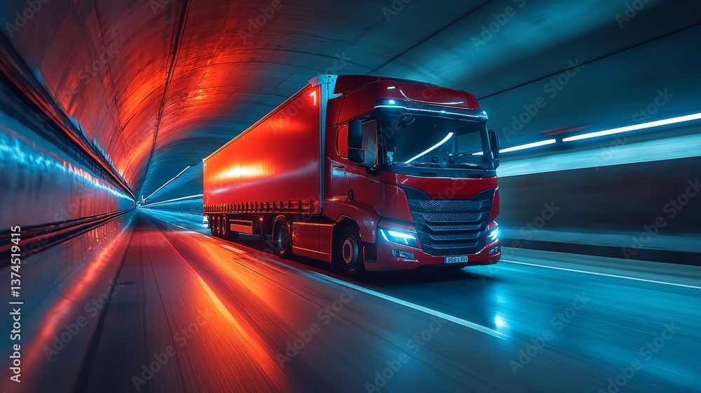 Fototapete a bright red delivery truck moves swiftly through a colorful lit tunnel at night, showcasing efficie