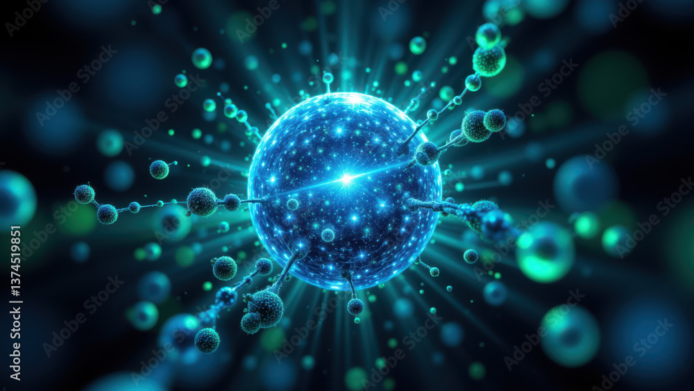 Poster the image depicts a stylized depiction of an atom with a nucleus surrounded by electrons in various 