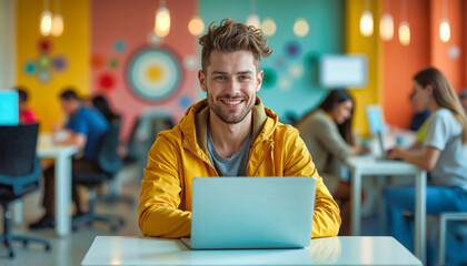 Smiling young man in yellow jacket working on laptop at colorful coworking space. Happy entrepreneur with beard in modern workspace. Digital nomad with confident expression amid vibrant office