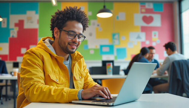 Young man with curly hair, glasses and yellow jacket works on laptop at creative coworking space. Colorful wall design with heart graphic in background. Diverse team members collaborate at adjacent - Powered by Adobe