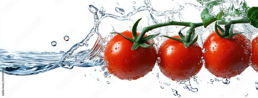 Poster juicy red tomatoes splashing in clear water creating vibrant droplets in a bright and refreshing set