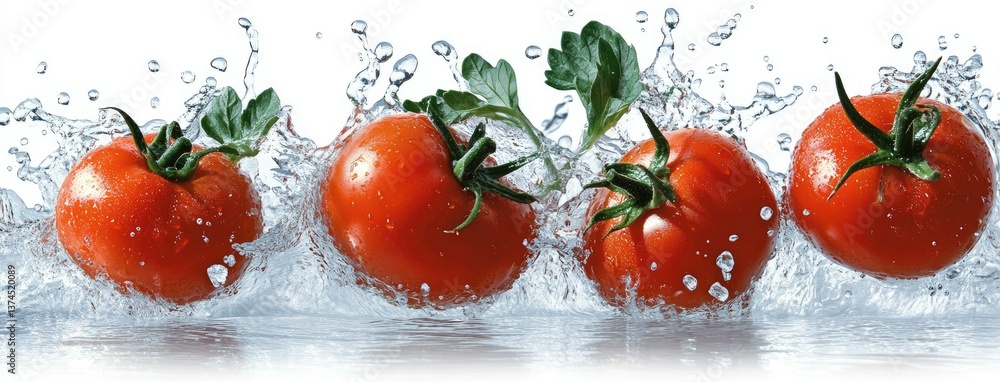 Poster fresh red tomatoes splashing in water showcasing vibrant color and freshness captured in a bright se