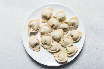 Overhead view of raw homemade wontons on a white plate, top view of chicken dumplings on white background, process of making dumplings