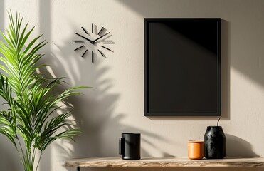 A stylish interior scene featuring a blank frame on the wall, a minimalistic clock, and decorative items on a wooden table. Lush greenery adds a touch of nature to the atmosphere.