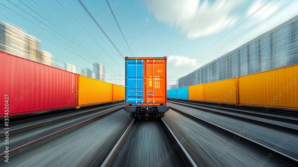 Poster a freight train moves swiftly along tracks lined with vibrant cargo containers. the urban skyline lo