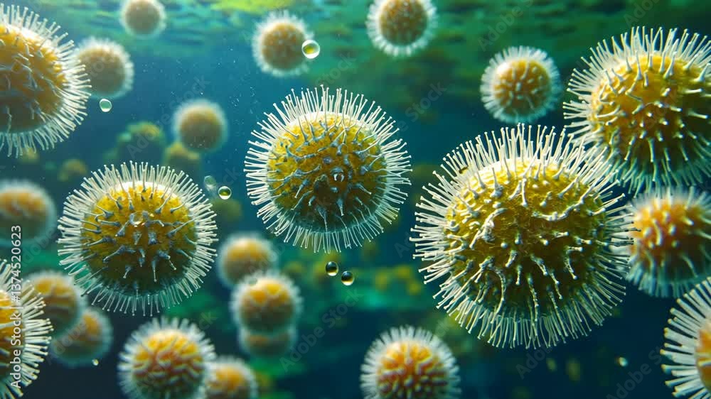 Poster Microscopic view of algae showing spherical structures floating in water during daylight