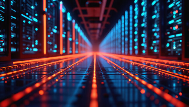 Futuristic datacenter corridor with illuminated server racks. Blue and orange neon lights highlight network infrastructure along floor grid. Digital technology perspective with glowing fiber