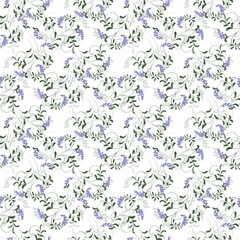Seamless floral pattern with delicate wisteria vines, purple blossoms, and green leaves on a white background. Perfect for textiles, wallpapers, and decor. Elegant, vintage, and ideal for romantic