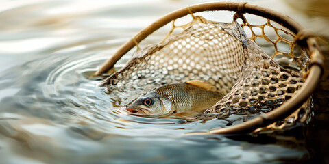 Freshly caught fish resting in a fishing net partially submerged in water, with ripples and reflections creating a natural outdoor atmosphere