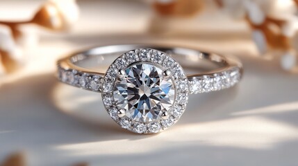 A beautiful white gold ring featuring a brilliant round diamond, surrounded by pave diamonds, glowing softly on a white background 