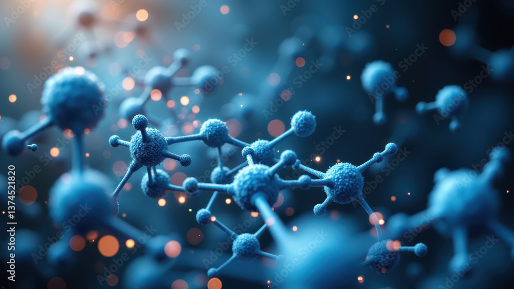 Poster close-up of a single molecule of glp-1 with glowing blue structures representing other molecules wit