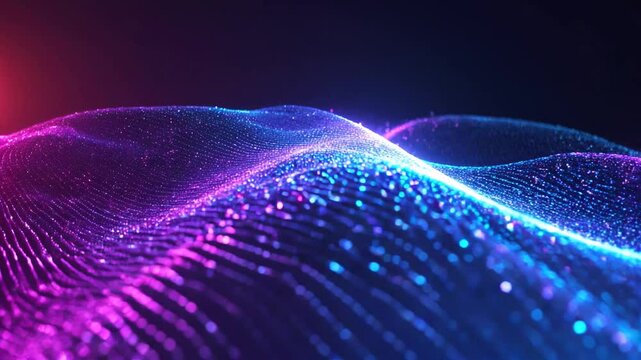 Paisaje digital abstracto con ondas de datos brillantes en ne&oacute;n azul y rosa