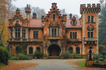 Obraz premium A large, old house with a lot of ivy growing on it