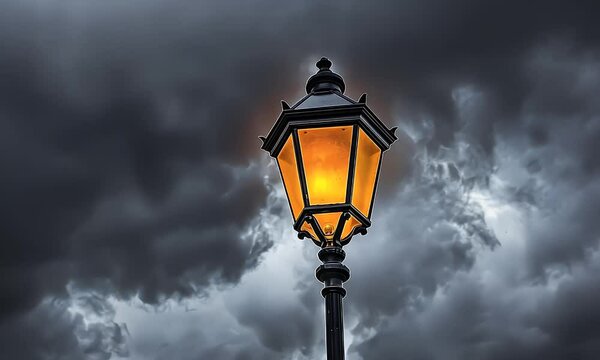 Lit lamppost glows against dramatic storm clouds. Sky is gray with depth, texture. Light is octagonal, vintage