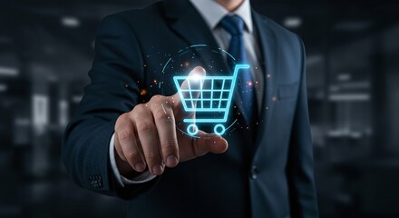 Digital Cart: A modern business person interacts with a holographic shopping cart icon, symbolizing e-commerce, retail, and online purchasing in a futuristic business setting.