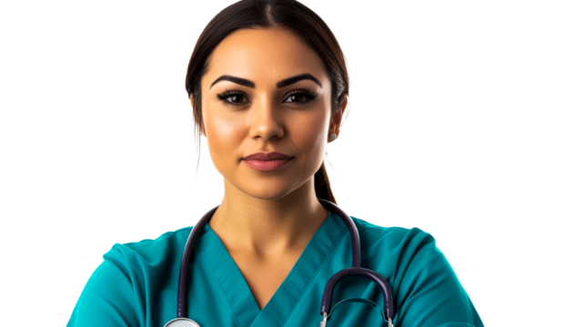 Smiling nurse wearing scrubs, stethoscope poses directly, cut out transparent