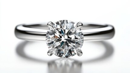 A clean and elegant platinum ring featuring a radiant cushion-cut diamond, minimalistic white backdrop