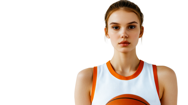 Female basketball player poses in jersey with ball, cut out transparent
