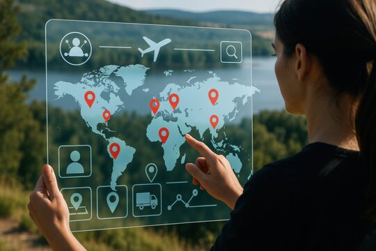 Global Connections: A woman interacts with a transparent digital screen displaying a world map dotted with location markers, an airplane icon soaring above it.