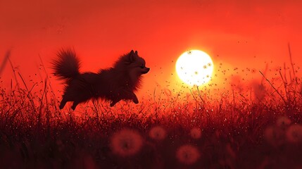 Pomeranian dog leaping sunset meadow silhouette
