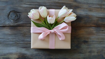 Fototapeta premium A bouquet of vibrant pink tulips with green stems sits beside a neatly wrapped gift on a rustic wooden table. The arrangement captures the essence of spring and celebration 