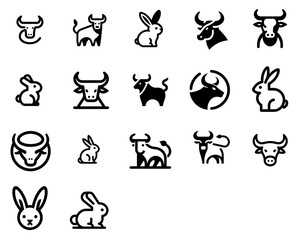 Bull and rabbit icons set in minimalist black outline style for zodiac, farm, animal themes on transparent background	