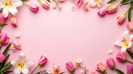 Romantic Floral Frame on Soft Pink Background with Roses, Lilies & Orchids &ndash; Ideal for Weddings, Love Celebrations & Gift Designs