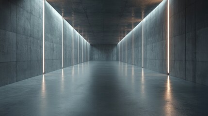 Abstract Empty Concrete Room with Walls and Floor, Modern Studio Background for Presentations or Artwork, Large Dark Gray Open Space with Bright Lights in an Industrial Setting
