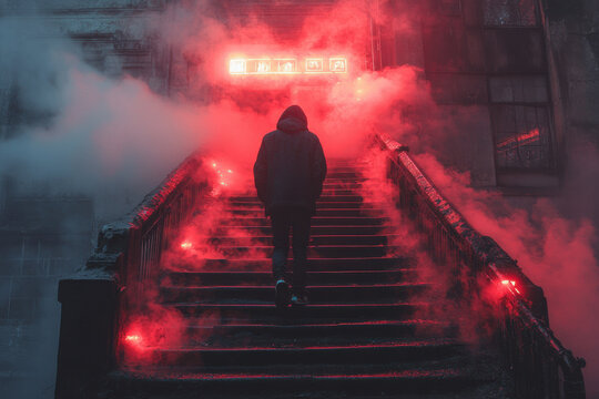 A man is walking down a staircase with red smoke coming from the steps