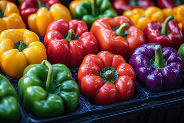 A bunch of peppers in a basket, some are green and some are red