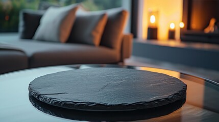 Obraz premium Modern Living Room Decor: A sleek, contemporary living space with a circular slate platter on a glass table, reflecting a warm ambiance of comfort. This image is perfect for showcasing home decor.