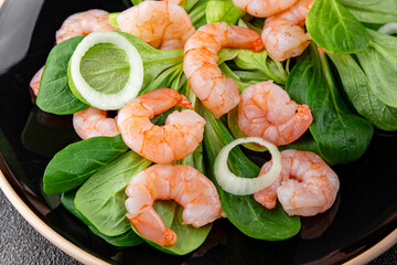 Shrimp salad seafood vegetables dish fresh delicious gourmet food background on table rustic food top view copy space keto and paleo diet vegetarian food pescetarian diet