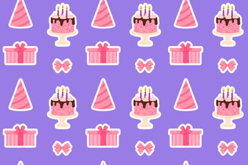 A playful seamless pattern with birthday cakes, presents, bows, and party hats on a purple background. Ideal for gift wrapping, greeting cards, and party designs.