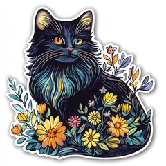 Whimsical Cat in Bloom: A black cat, resplendent with lush fur and captivating eyes, reclines amidst a vibrant tapestry of blooming flowers and foliage