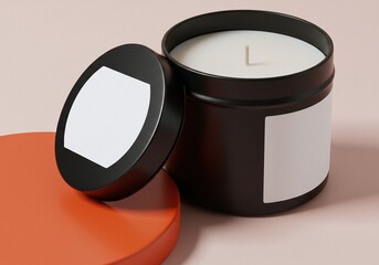Aromatherapy Candle: A stylish black candle in a minimalist setting, with the lid artfully displayed beside it, inviting an atmosphere of tranquility and relaxation.