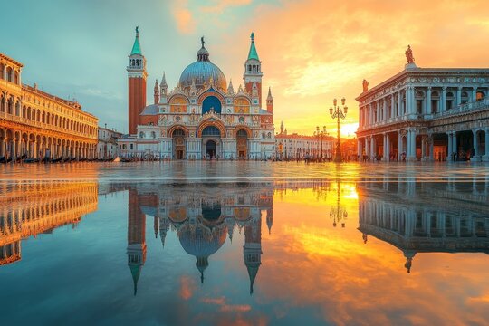 Stmark s basilica and piazza san marco at sunrise  a stunning reflection in venice s waters - Powered by Adobe