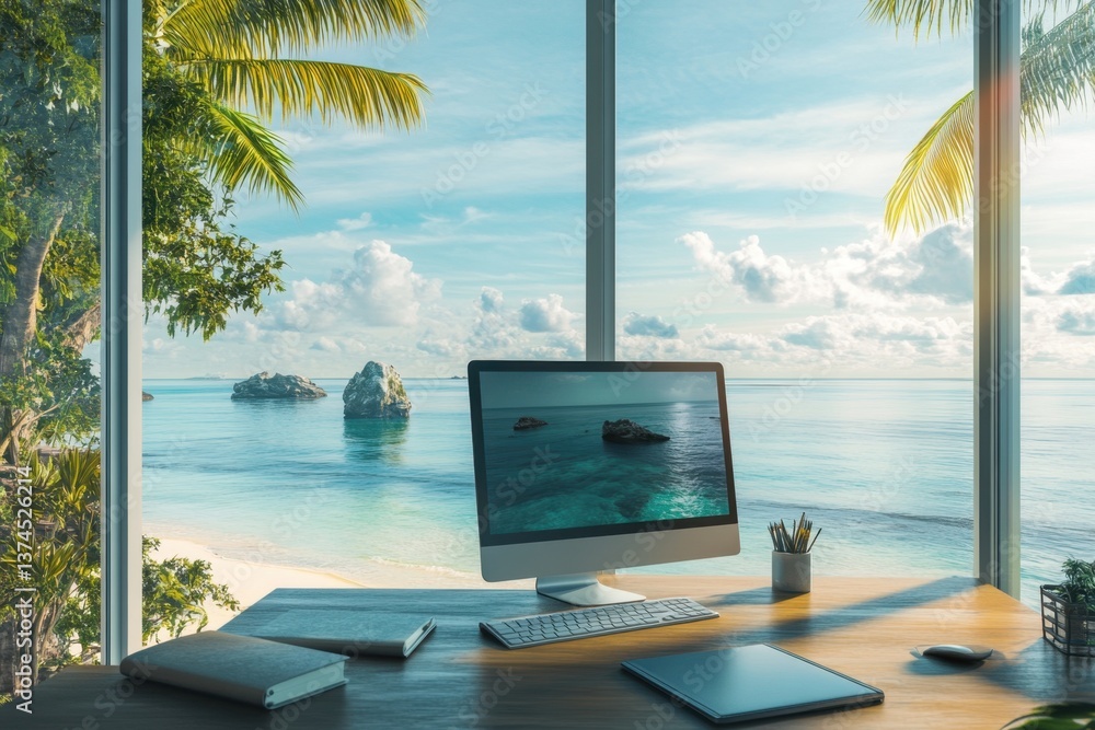 Poster workplace with computer on the table in the room overlooking the sea computer room with a view of th