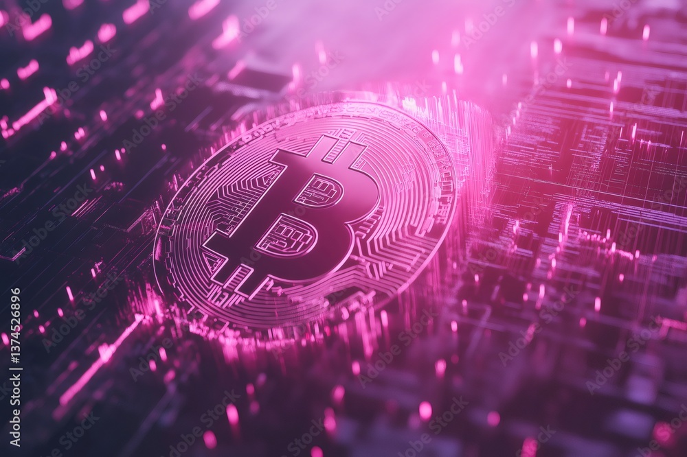 Poster bitcoin glowing over a digital matrix suggesting cryptocurrency and blockchain technology